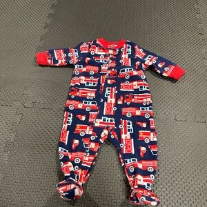 4/20$ Carter's Red and Blue Fire Truck Fleece Footie Sleeper Pajama size 3M